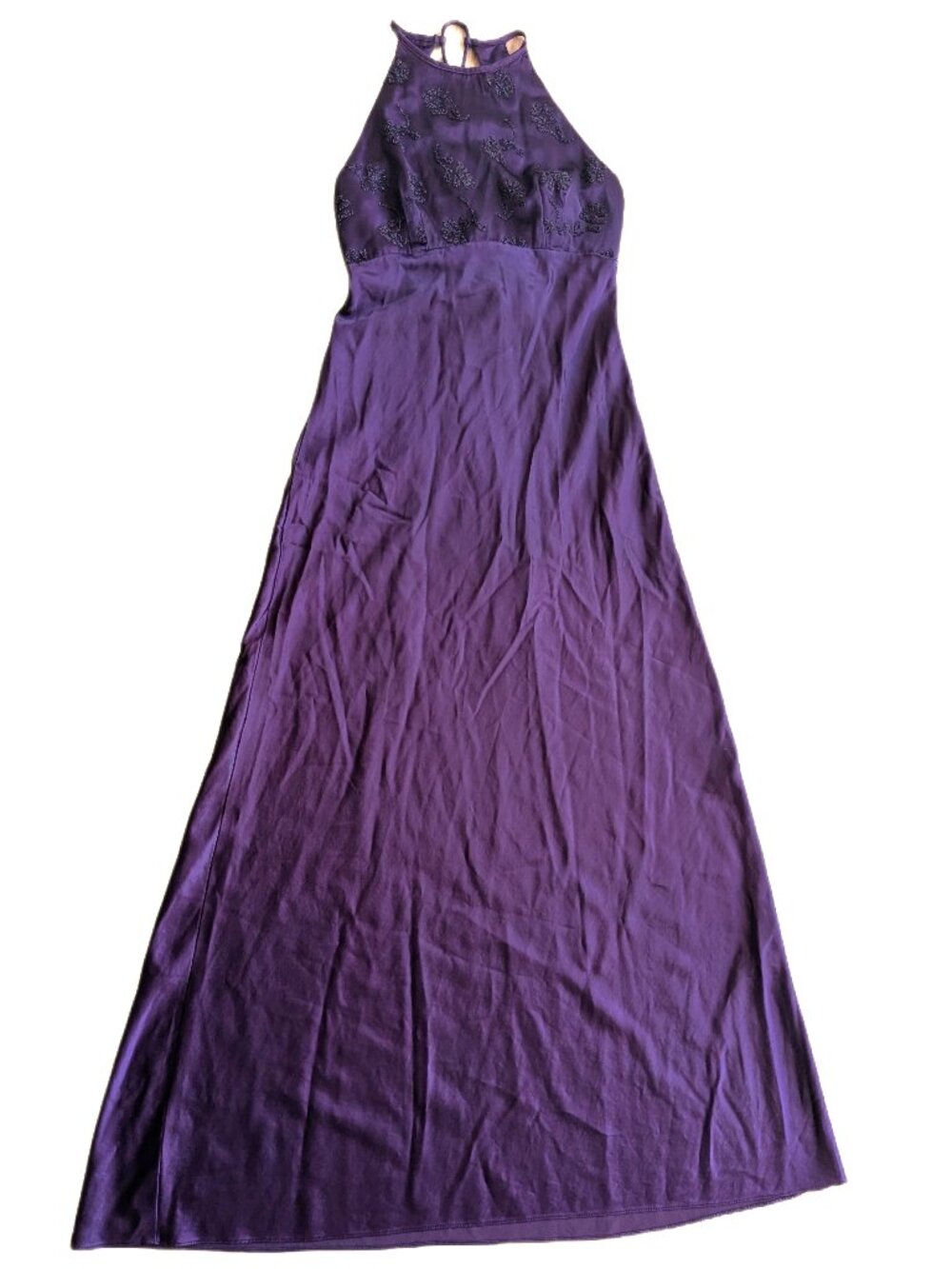 Vintage 90s Purple Satin Beaded Maxi Prom Dress